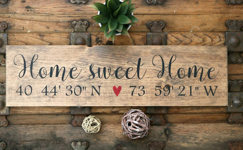 Longitude latitude sign, Home sweet home wood sign