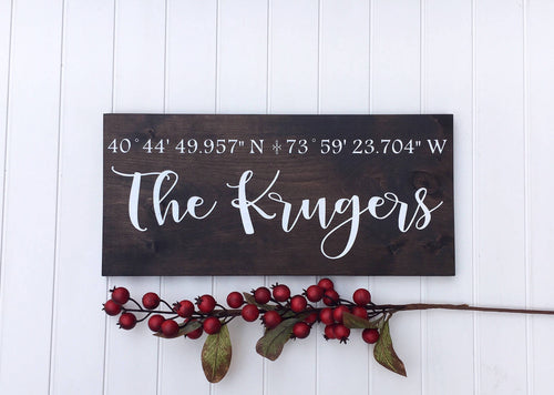 Last name wedding sign, Longitude latitude sign for home