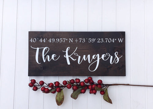Last name wedding sign, Family name sign modern, Custom wooden signs, Longitude latitude sign for home