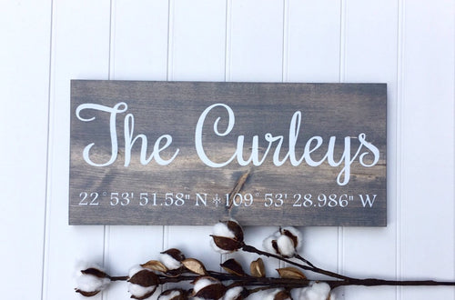 Longitude latitude wood sign, Wood sign family name