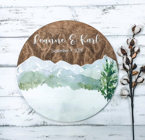 Wood wedding guestbook, Guestbook sign mountains